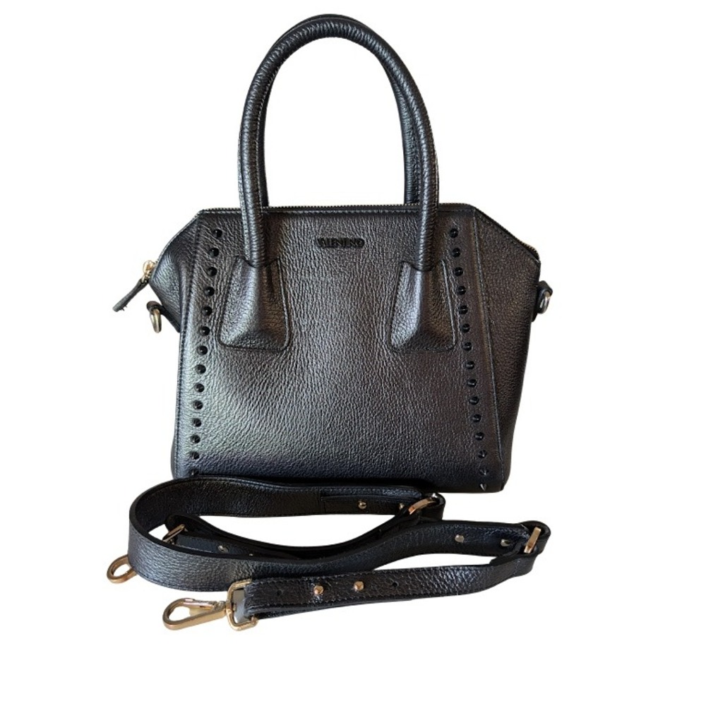 Mario Valentino Black Pebble Leather Studded Satchel Crossbody Bag Made in Italy